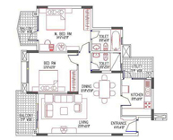 Purva Fountain Square 1336 sft 2 Bedroom Floor Plan