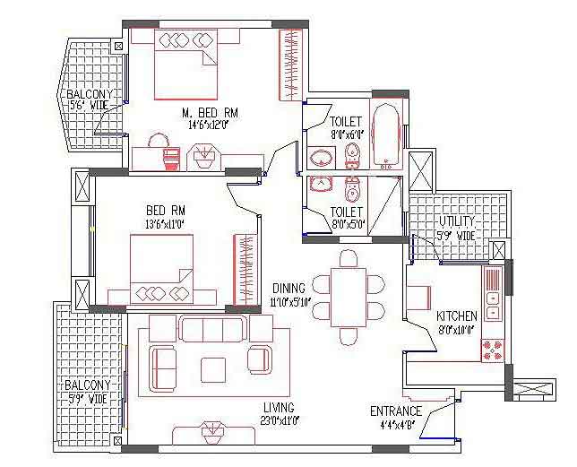 Purva Fountain Square 2 BHK 1336 sft Floor Plan