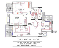 Purva Fountain Square 1361 sft 2 Bedroom Floor Plan