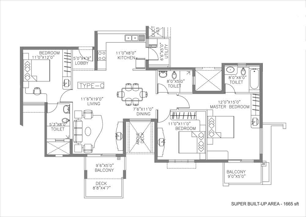 Purva Fountain Square 1665 sft 3 Bedroom Floor Plan